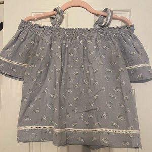 Love Notes kids off-shoulder blouse; blue with white floral design